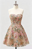 Lila A-linje Sweetheart Floral Sequins Homecoming-klänning med snöre på ryggen
