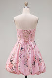 Rosa satinaxelbandslös A-linje blommig hemkomstklänning med snörning på ryggen