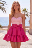 A-Line marinblå lila satin Sweetheart volang med hemkomstklänning med rosett