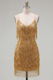 Golden Bodycon spaghettiband, kort hemkomstklänning med fransar