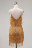Golden Bodycon spaghettiband, kort hemkomstklänning med fransar