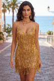 Golden Bodycon spaghettiband, kort hemkomstklänning med fransar