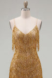 Golden Bodycon spaghettiband, kort hemkomstklänning med fransar