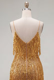 Golden Bodycon spaghettiband, kort hemkomstklänning med fransar