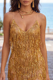 Golden Bodycon spaghettiband, kort hemkomstklänning med fransar