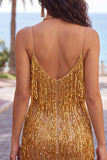 Golden Bodycon spaghettiband, kort hemkomstklänning med fransar