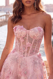 Rosa genomskinlig korsett med blommiga A-linjer Sweetheart Lace Up Back Homecoming-klänning med pärlbroderi