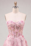 Rosa genomskinlig korsett med blommiga A-linjer Sweetheart Lace Up Back Homecoming-klänning med pärlbroderi