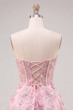Rosa genomskinlig korsett med blommiga A-linjer Sweetheart Lace Up Back Homecoming-klänning med pärlbroderi