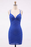 Royal Blue Bodycon pärlbroderad kort hemkomstklänning med snöre på ryggen