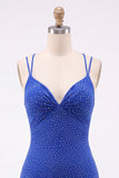 Royal Blue Bodycon pärlbroderad kort hemkomstklänning med snöre på ryggen