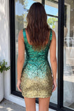 Glittrig grön och guld bodycon fyrkantig halsringad paljetter hemkomstklänning med slits