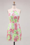 Rosa och grön blomma bodycon spaghettibands-hemkomstklänning med broderi