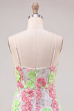 Rosa och grön blomma bodycon spaghettibands-hemkomstklänning med broderi