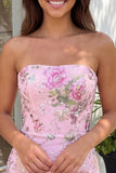 Rosa bodycon axelbandslös blommig paljetter hemkomstklänning