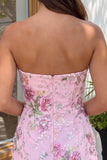 Rosa bodycon axelbandslös blommig paljetter hemkomstklänning