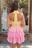 A-linje gul och rosa halterneckkorsett med ti-nivå chiffon hemkomstklänning
