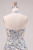 Ljusblå A-linje halterneck-hals Jacquard blommig korsett hemkomstklänning