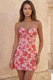 Sweetheart Red Corset Bodycon blommig rynkad kort hemkomstklänning