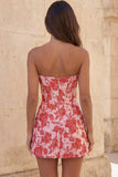 Sweetheart Red Corset Bodycon blommig rynkad kort hemkomstklänning