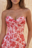 Sweetheart Red Corset Bodycon blommig rynkad kort hemkomstklänning