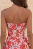 Sweetheart Red Corset Bodycon blommig rynkad kort hemkomstklänning