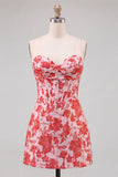 Sweetheart Red Corset Bodycon blommig rynkad kort hemkomstklänning