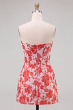 Sweetheart Red Corset Bodycon blommig rynkad kort hemkomstklänning