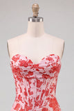 Sweetheart Red Corset Bodycon blommig rynkad kort hemkomstklänning