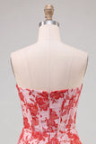 Sweetheart Red Corset Bodycon blommig rynkad kort hemkomstklänning