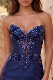 Navy Sweetheart korsett Bodycon blommiga paljetter satin kort hemkomstklänning
