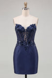 Navy Sweetheart korsett Bodycon blommiga paljetter satin kort hemkomstklänning