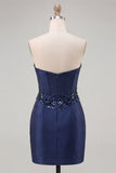 Navy Sweetheart korsett Bodycon blommiga paljetter satin kort hemkomstklänning