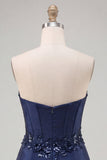 Navy Sweetheart korsett Bodycon blommiga paljetter satin kort hemkomstklänning