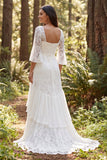 Ivory Lace A-linje 3/4-ärmad lång brudklänning med slits
