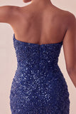 Glittrig axelbandslös marinblå bodycon kort paljett-hemkomstklänning