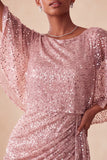 Glittrande rosa bodycon rundhalsade paljetter med rynkiga skrynklar och kort hemkomstklänning med skärp