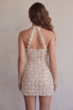 Champagne halterneck-kort bodycon blommig hemkomstklänning med paljetter