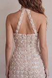 Champagne halterneck-kort bodycon blommig hemkomstklänning med paljetter
