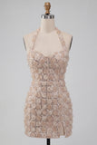 Champagne halterneck-kort bodycon blommig hemkomstklänning med paljetter