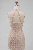 Champagne halterneck-kort bodycon blommig hemkomstklänning med paljetter