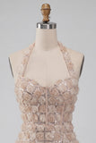 Champagne halterneck-kort bodycon blommig hemkomstklänning med paljetter