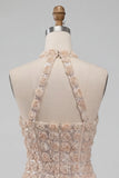 Champagne halterneck-kort bodycon blommig hemkomstklänning med paljetter