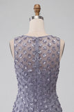 Dammig lavendel rundhalsad bodycon kort blommig hemkomstklänning med fjäder