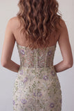 Sweetheart Dusty Sage Bodycon Blommig genomskinlig korsett Kort hemkomstklänning med pärlbroderi