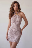 Fog Halter Neck Bodycon Pearl Floral Short Homecoming-klänning med pärlbroderi