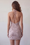 Fog Halter Neck Bodycon Pearl Floral Short Homecoming-klänning med pärlbroderi