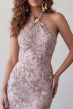 Fog Halter Neck Bodycon Pearl Floral Short Homecoming-klänning med pärlbroderi