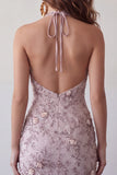 Fog Halter Neck Bodycon Pearl Floral Short Homecoming-klänning med pärlbroderi
