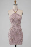 Fog Halter Neck Bodycon Pearl Floral Short Homecoming-klänning med pärlbroderi